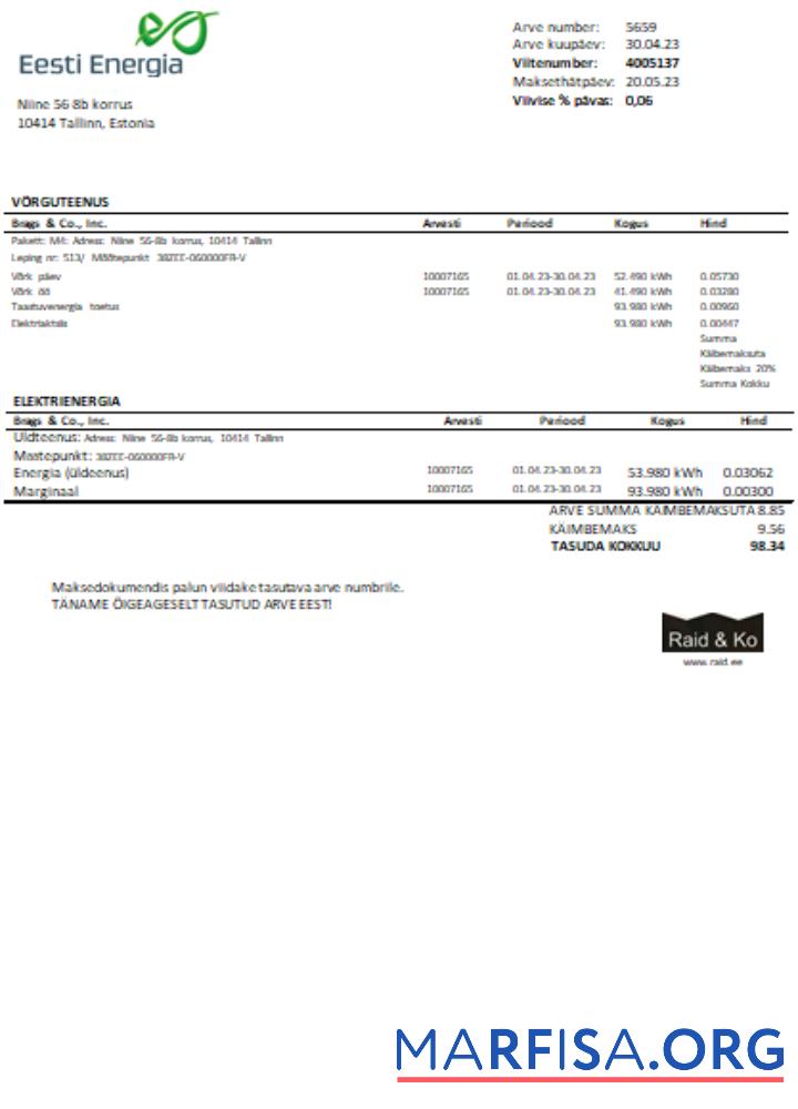 Downloadable Eesti Energia electricity utility business bill SCR sample
